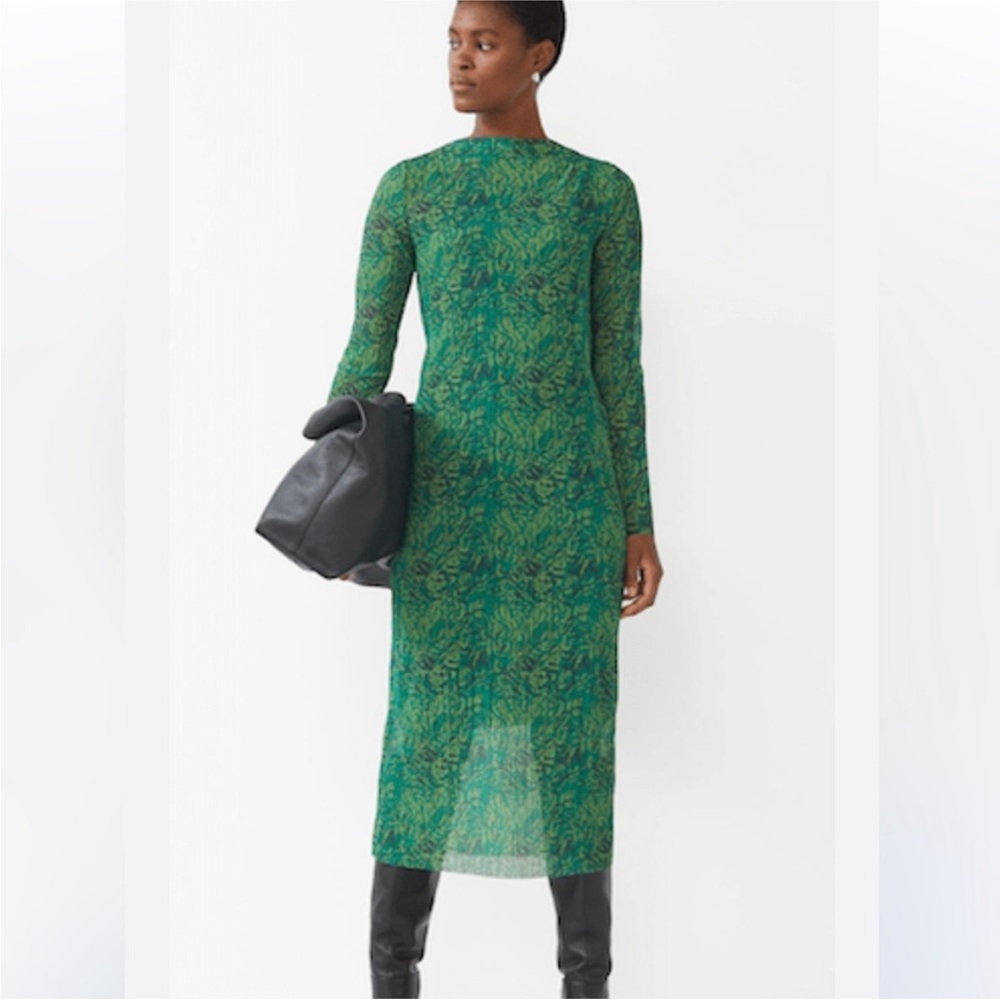 & Other Stories Mesh Pleated Green Patterned Long Sleeve Dress